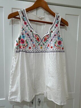 Beachlunchlounge Embroidered Boho Tank Top White Floral Size S